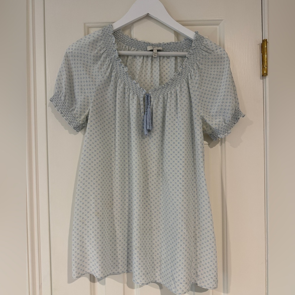 Jodie Silk Short Sleeve Blouse Blue & White
